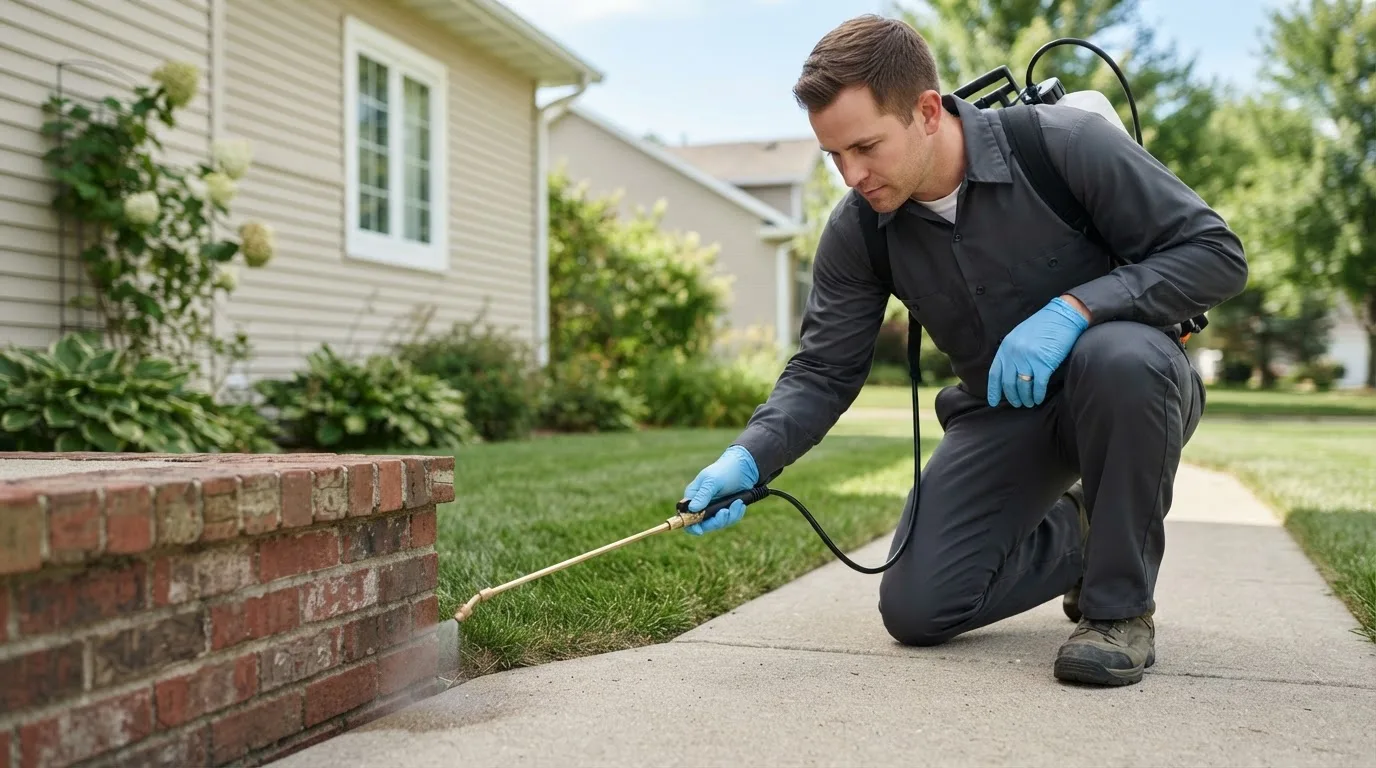 Pest control technician treating a home near Milroy, MN